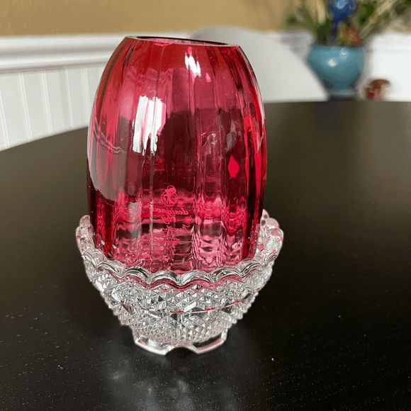 Vintage Fenton Red Hand Painted Girl Fairy Lamp w/ Diamond Cut Base - Picture 2 of 7